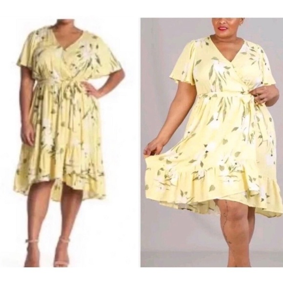 Rachel By Rachel Roy Yellow Floral V-Neck Faux Wrap Midi Dress Plus Size 2X - Picture 6 of 6